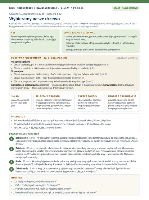 Konspekt PK-10-01 „Nasze drzewo” dla grupy 5–6 lat, strona 1: przebieg zajęć