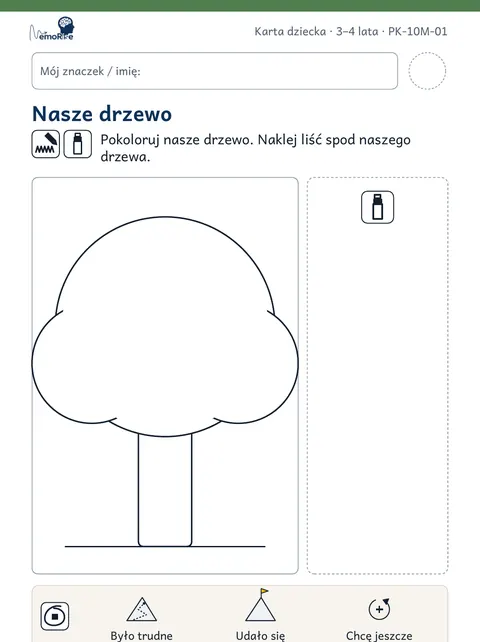 Karta dziecka PK-10M-01 „Nasze drzewo” dla grupy 3–4 lata: pokoloruj drzewo i naklej liść