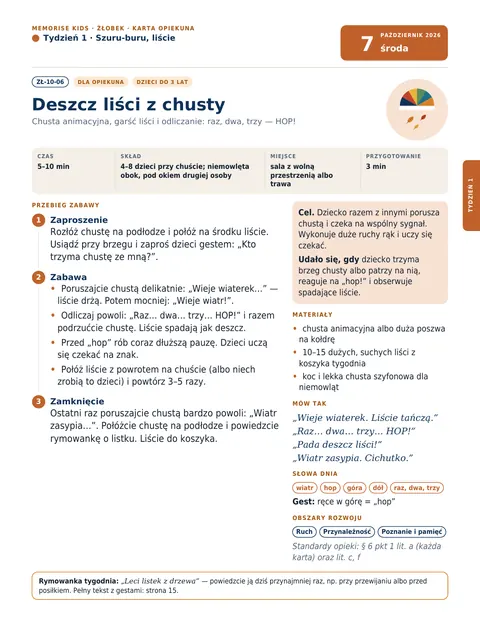 Przód karty opiekuna ZŁ-10-06 „Deszcz liści z chusty”: cel, potrzebne rzeczy, przebieg w trzech krokach i co mówić